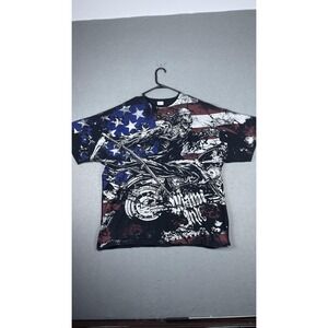 Alstyle Shirt Mens 2XL Black Biker Skull American Flag All‎ Over Print USA Tee